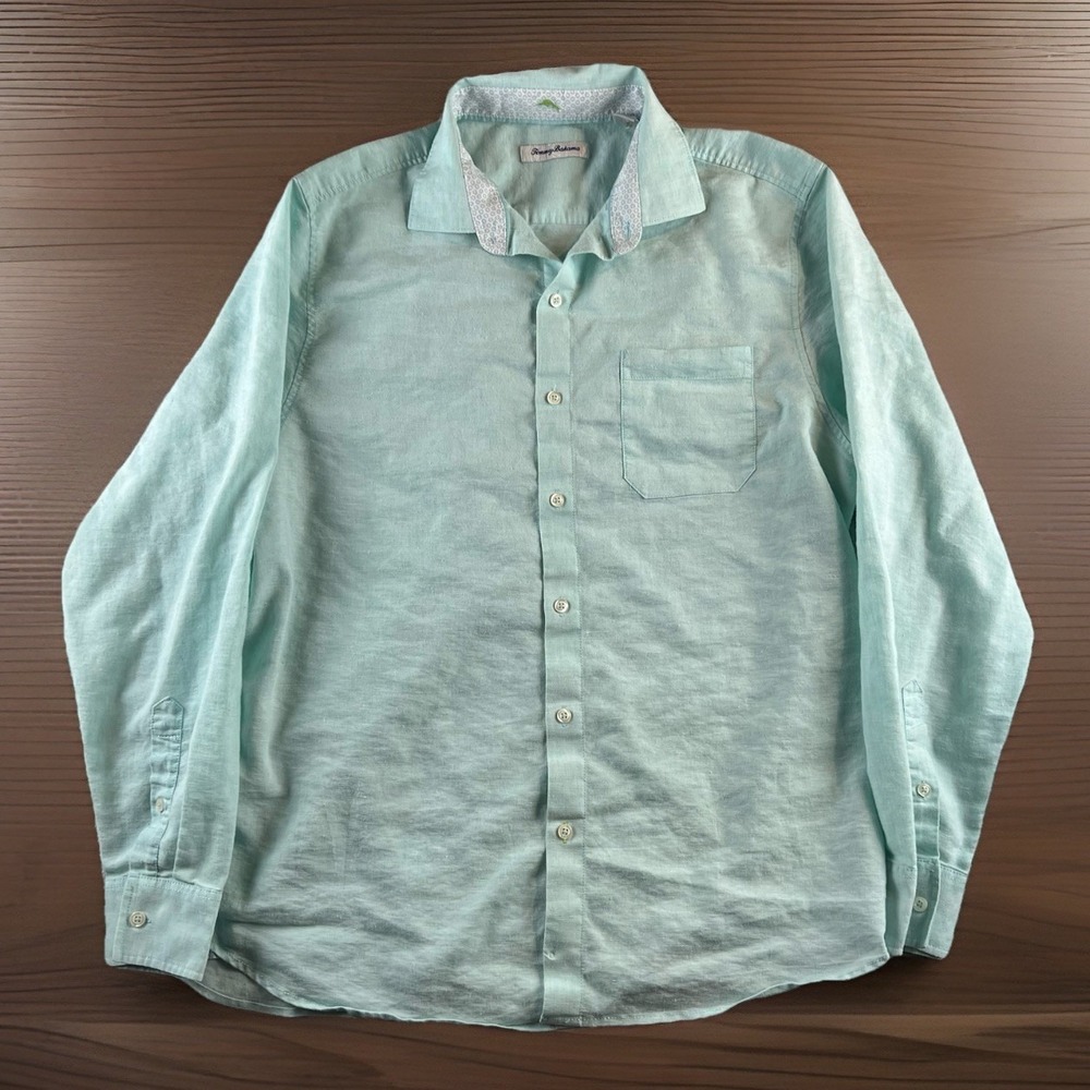 tommy bahama linen blend shirt mens L aqua blue button down long sleeve